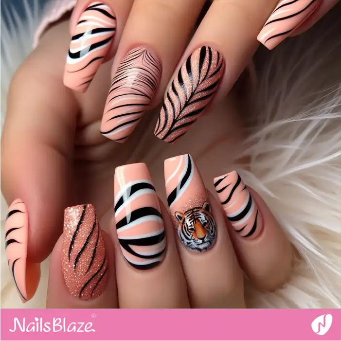 Zebra Print and Tiger Print Peach Fuzz Nails | Animal Print Nails - NB2477